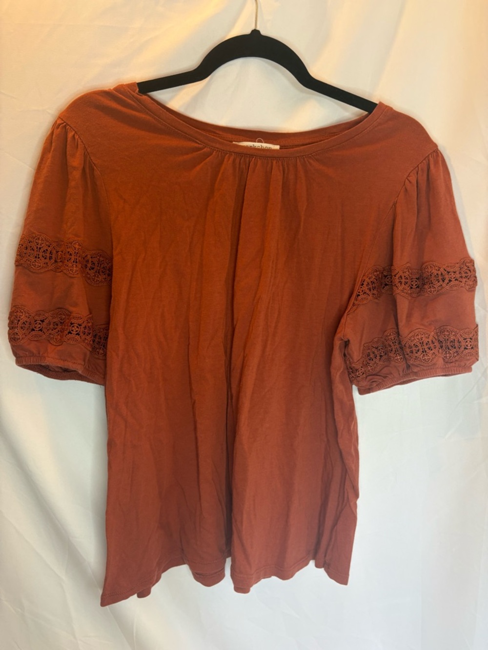Workshop Republic Clothing Rust Lace-Trim Puff Sleeve Top